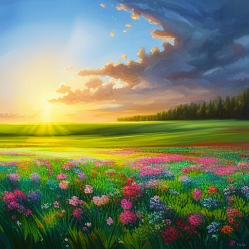 Sunset Over Green Flower Field Painting