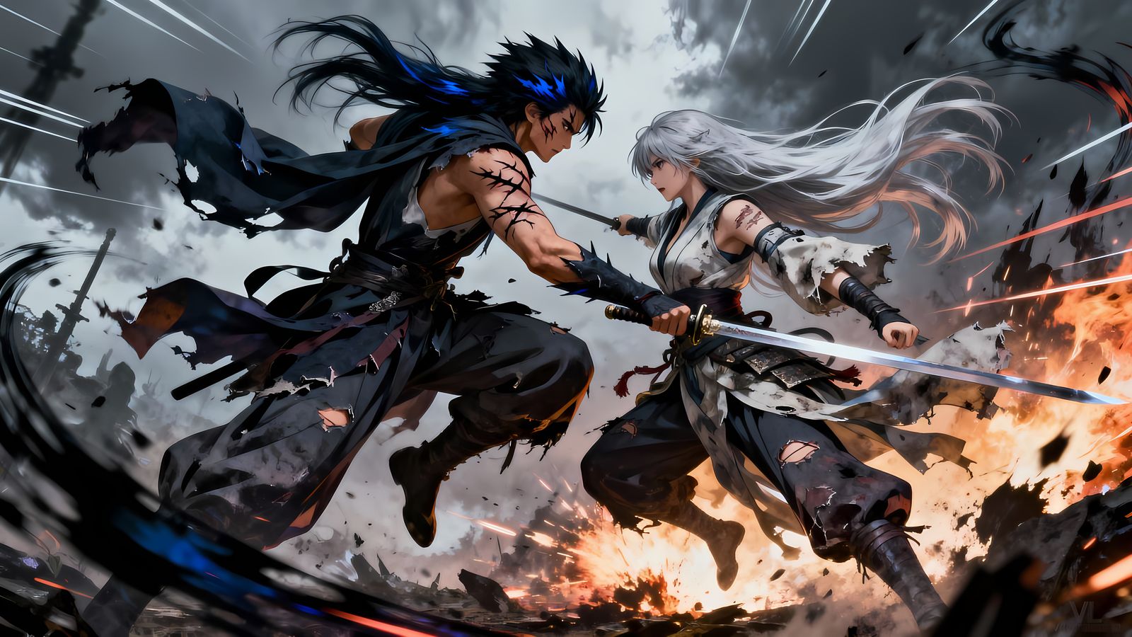 Anime Warriors Clash in Stormy Battlefield