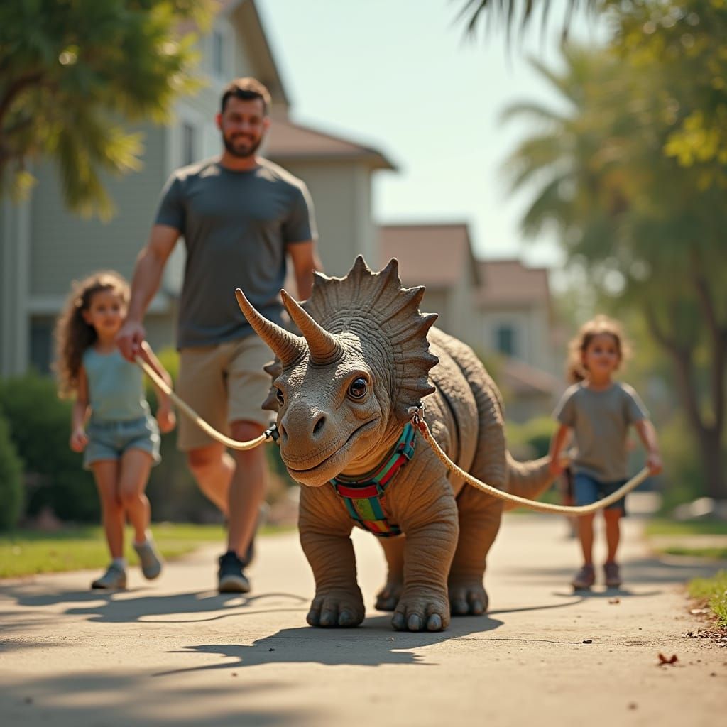 Family Walks Triceratops in Sunny Suburbia