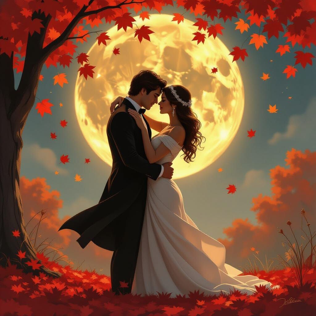 Romantic Couple Embrace Under Autumn Moon