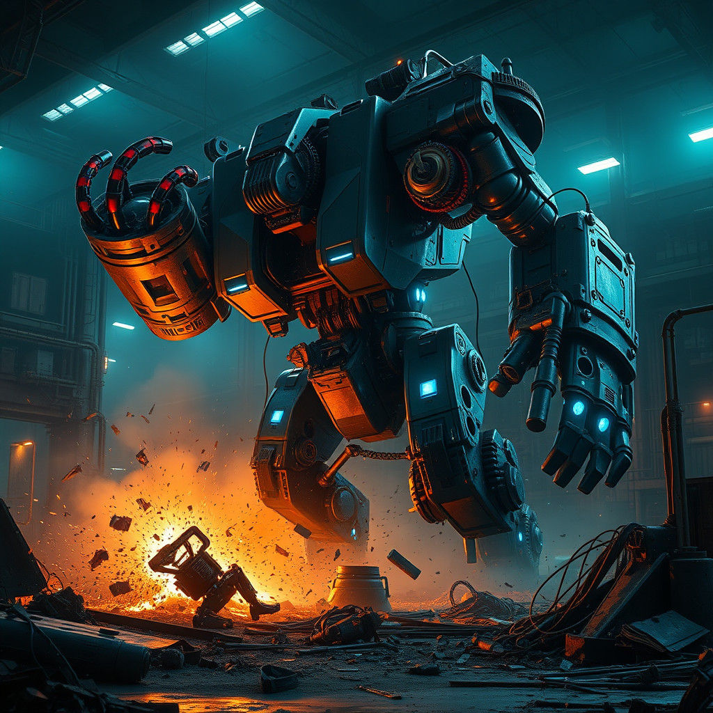 Industrial Robot Thrashing in Abandoned Factory: Cyberpunk A...
