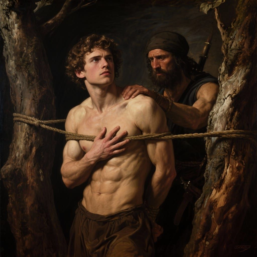 Hero Theseus Tied Between Trees, Facing Bandit Sinis