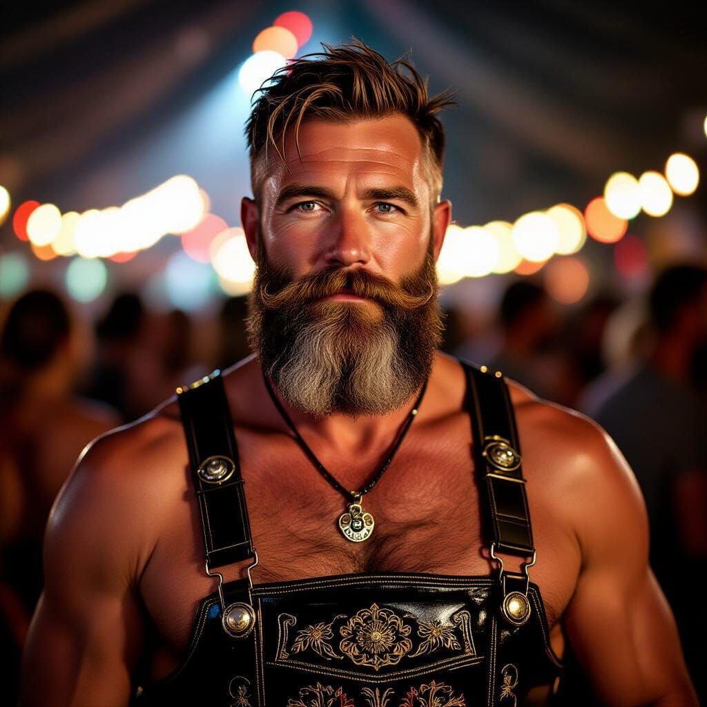 Bearded Man in Shiny Black Lederhosen at Gaydelight Party