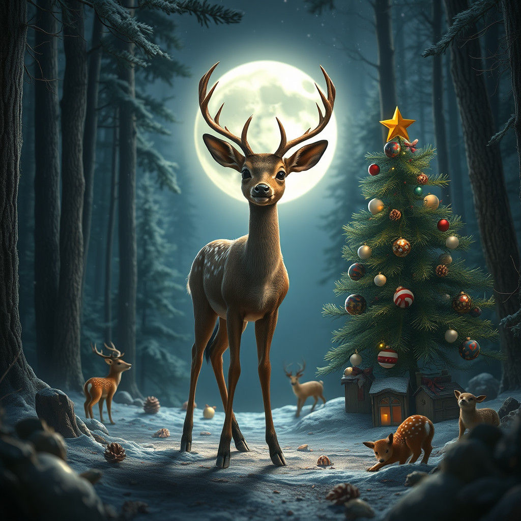 Christmas Deer in Moonlit Forest: Fantasy Concept Art