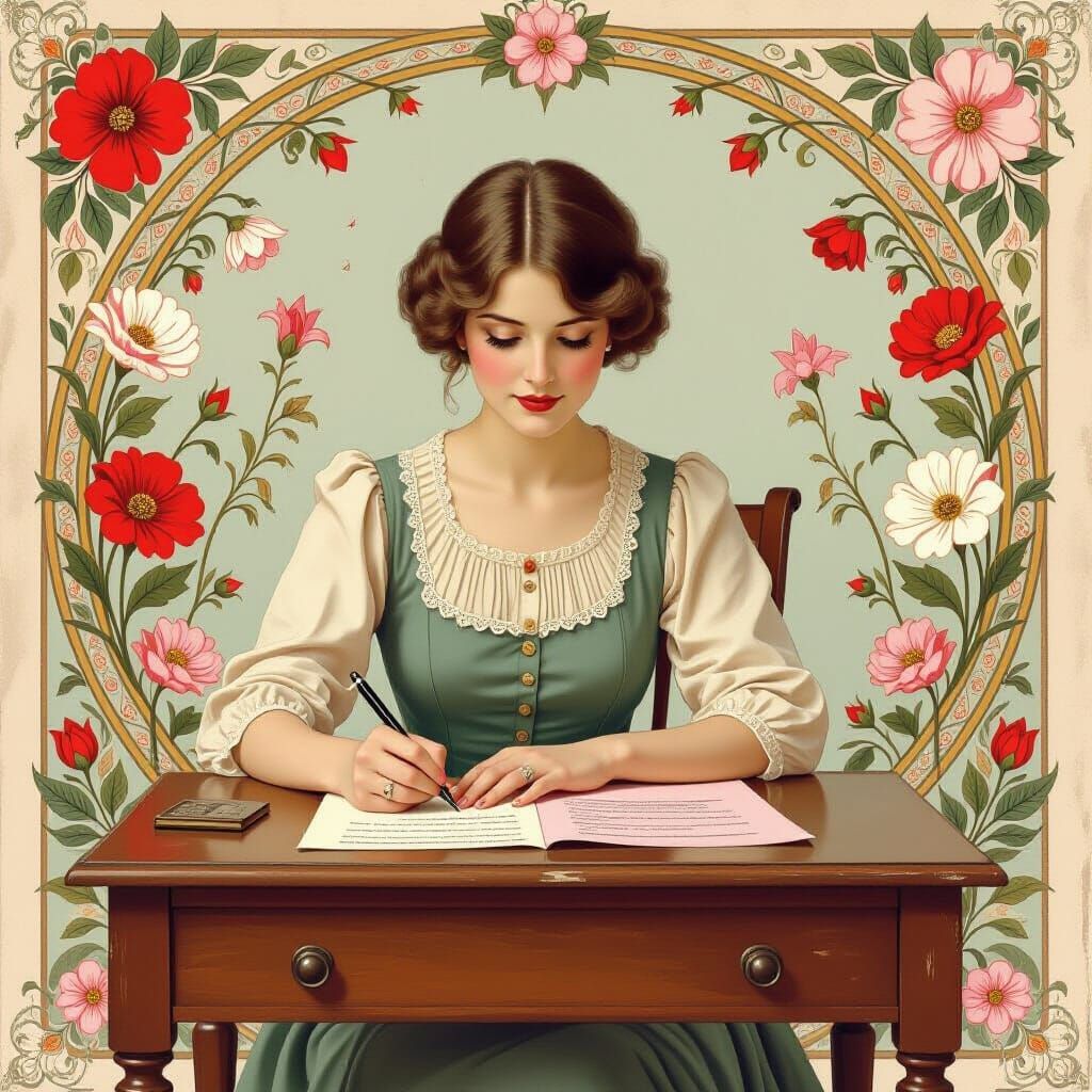 Woman Writing at Desk in Art Nouveau Style