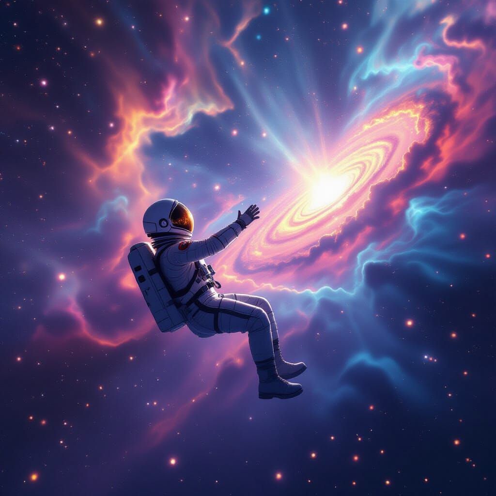 Astronaut Reaches for Galaxy in Swirling Nebula