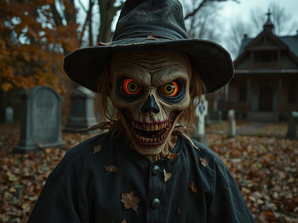 Scarecrow Awakens in Autumn Graveyard