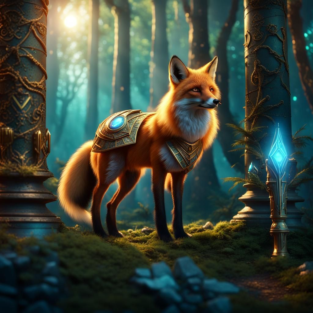 Magical Fox in Egyptian Armor in Enchanted Forest