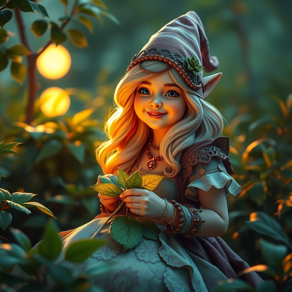 Gnome Creates Leaf Wedding Dress in Moonlight