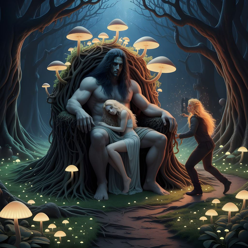 Bioluminescent Forest Giant with Woman, Pre-Raphaelite Style