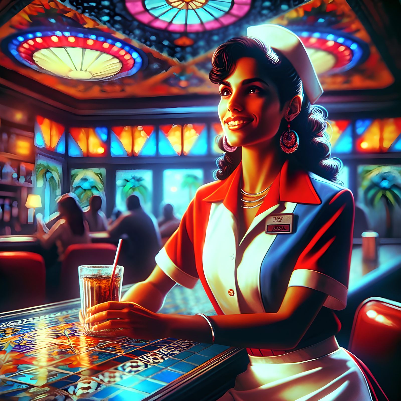 1980s Puerto Rican Waitress in Dive Bar: Hyperrealistic Film...