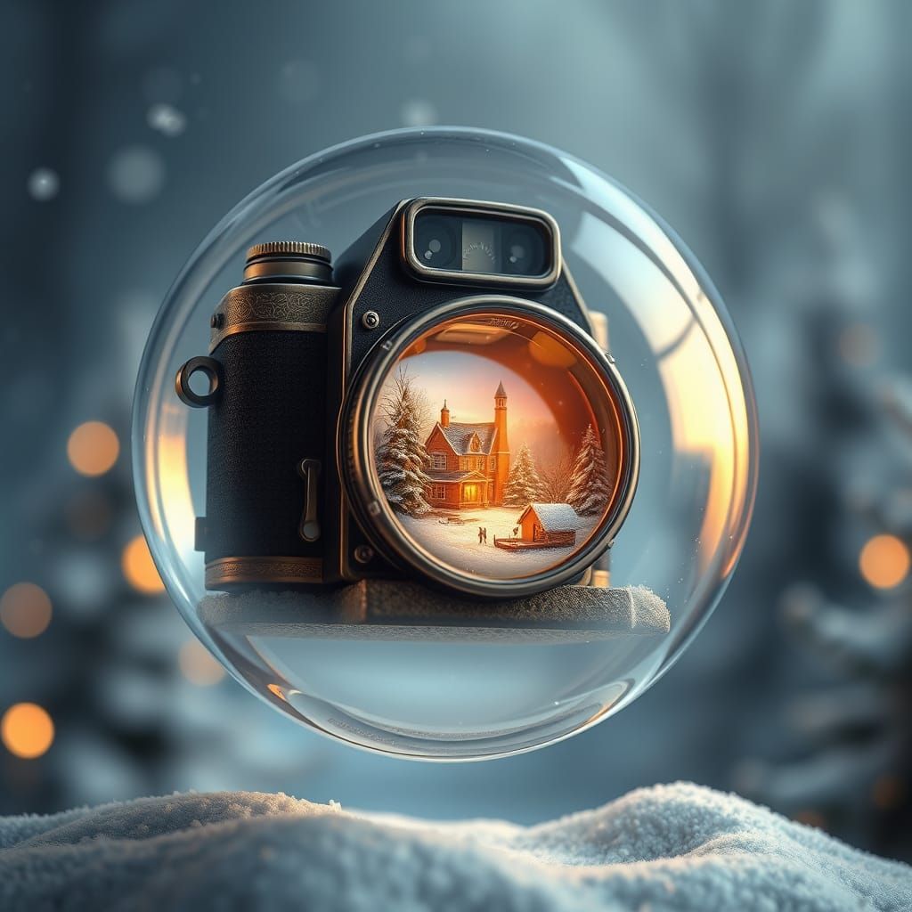 Vintage Camera Captures Winter Wonderland in Snow Globe