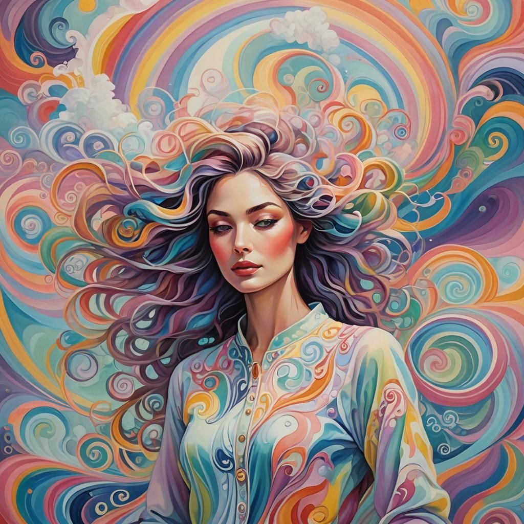 Radiant Woman in a Dreamlike Pastel Landscape