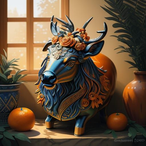 Deer on Greek Pot in Splash Art Style