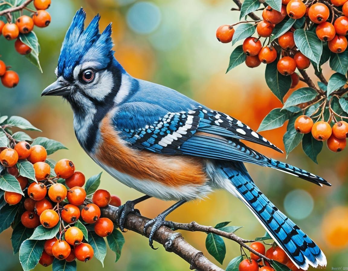Blue Jay Among Autumn Berries, Watercolour Painting
