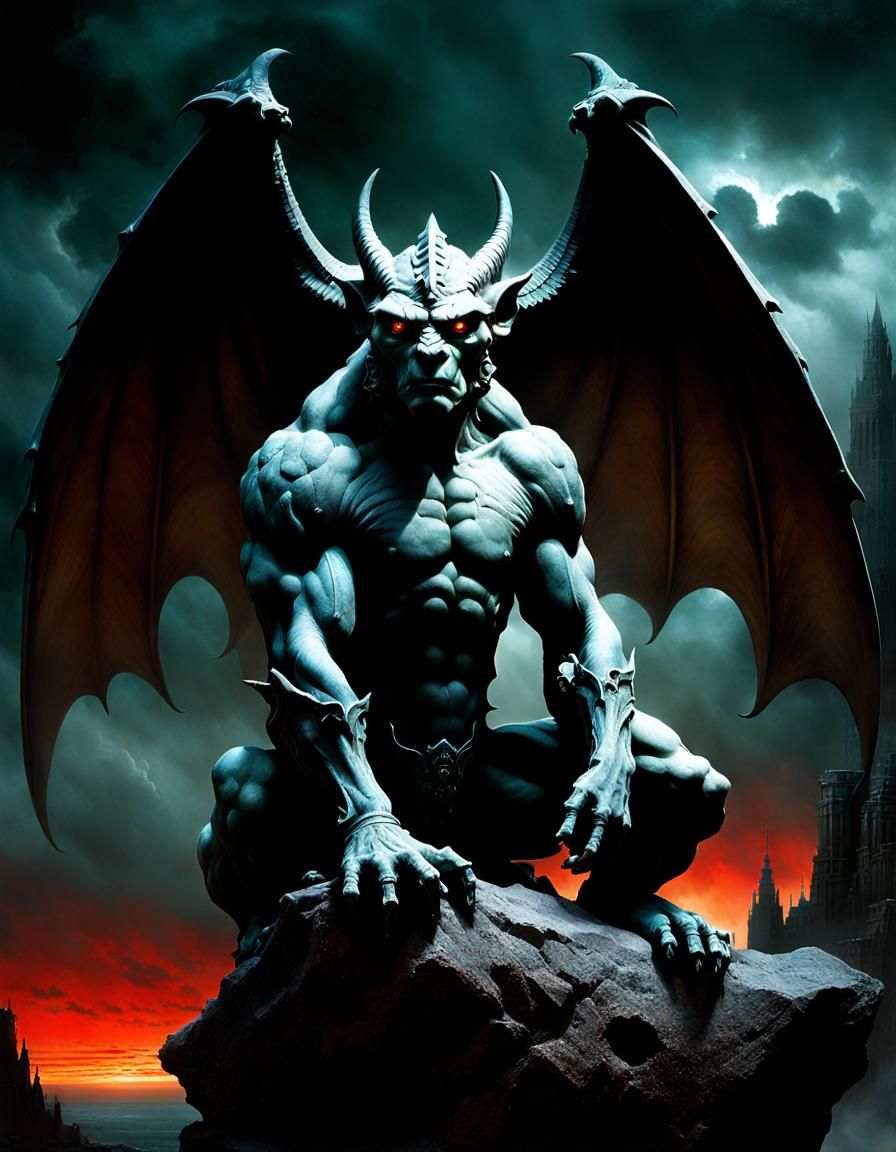 Gargoyle Awakening: Sfumato Chiaroscuro Stone Masterpiece