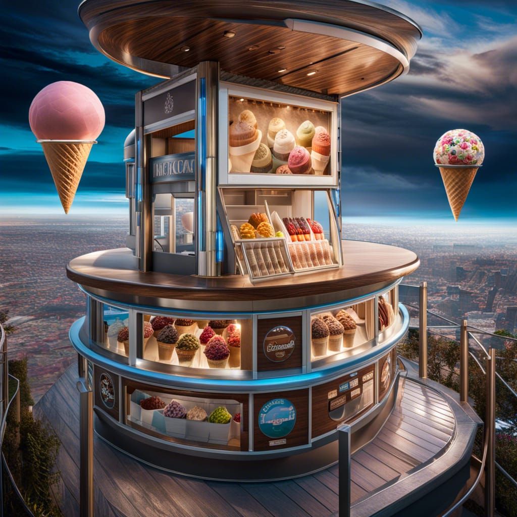 Hyperrealistic Ice Cream Kiosk in the Sky