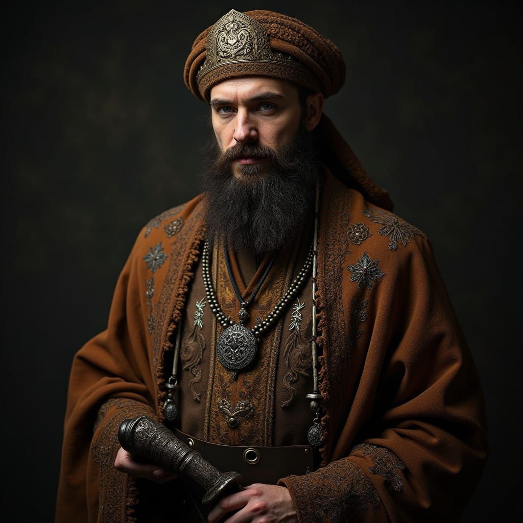 Powerful Necromancer in Slavic Noble Attire with Ancient Tom...