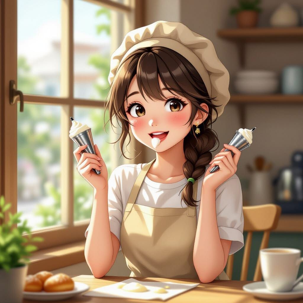 Pastry Chef by Window in Warm Realistic Anime Style