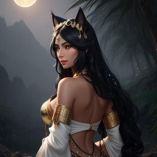 Egyptian Cat Goddess in Ethereal Desert Landscape