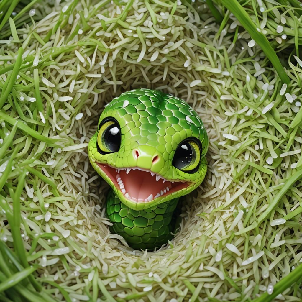 Cute Green Chibi Snake in Coconut, 8K Art