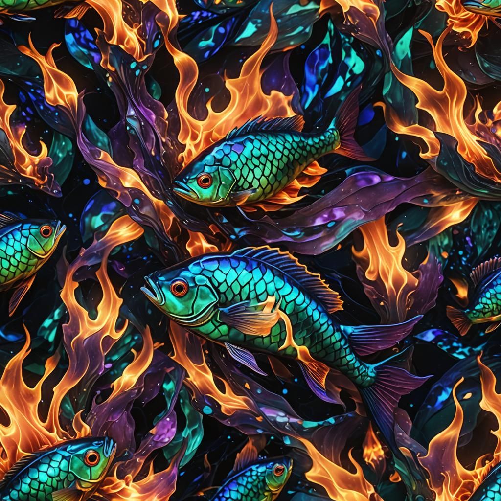 Surreal Bioluminescent Fish Inferno in the Abyss