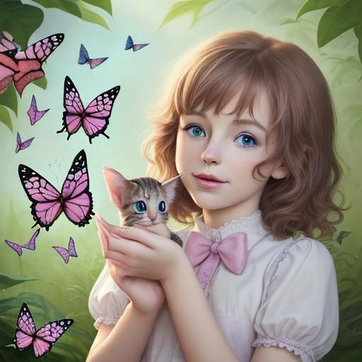 Whimsical Kitten and Butterflies in Playful Scene