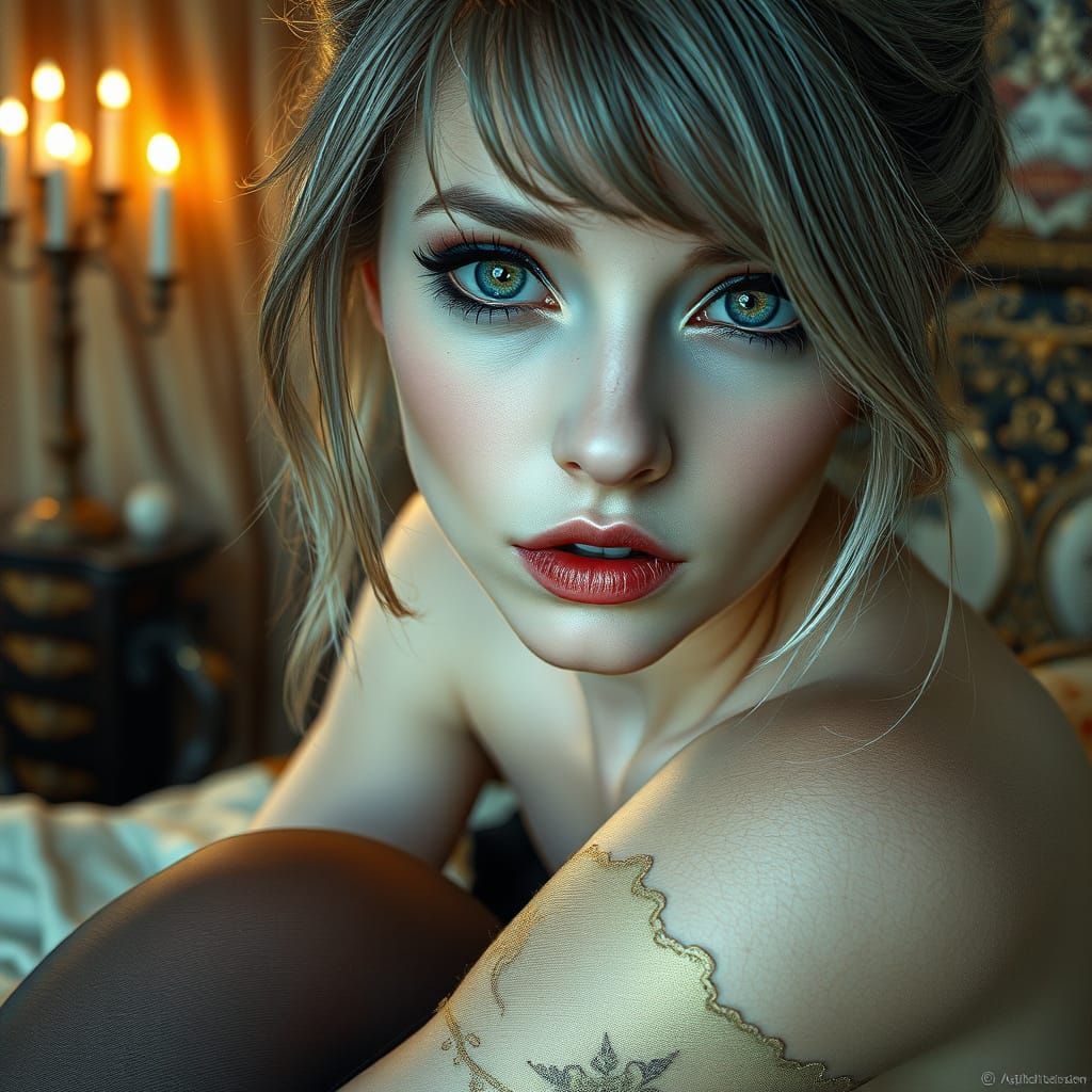 Opulent Goth Bedroom Portrait in Pastel Style