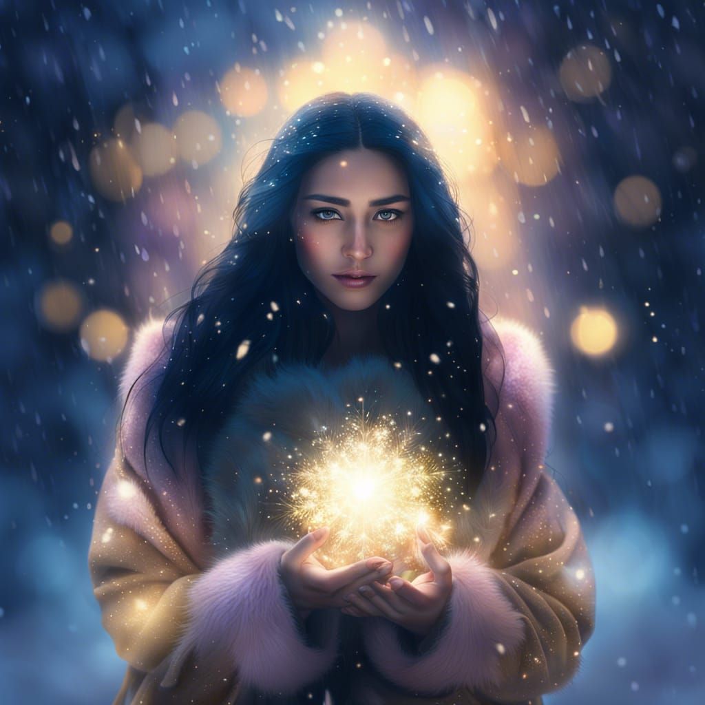 Woman in Snowstorm Holding a Fairy: Digital Art