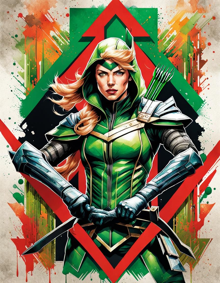 Detailed Sketch of Female Green Arrow in Watercolor