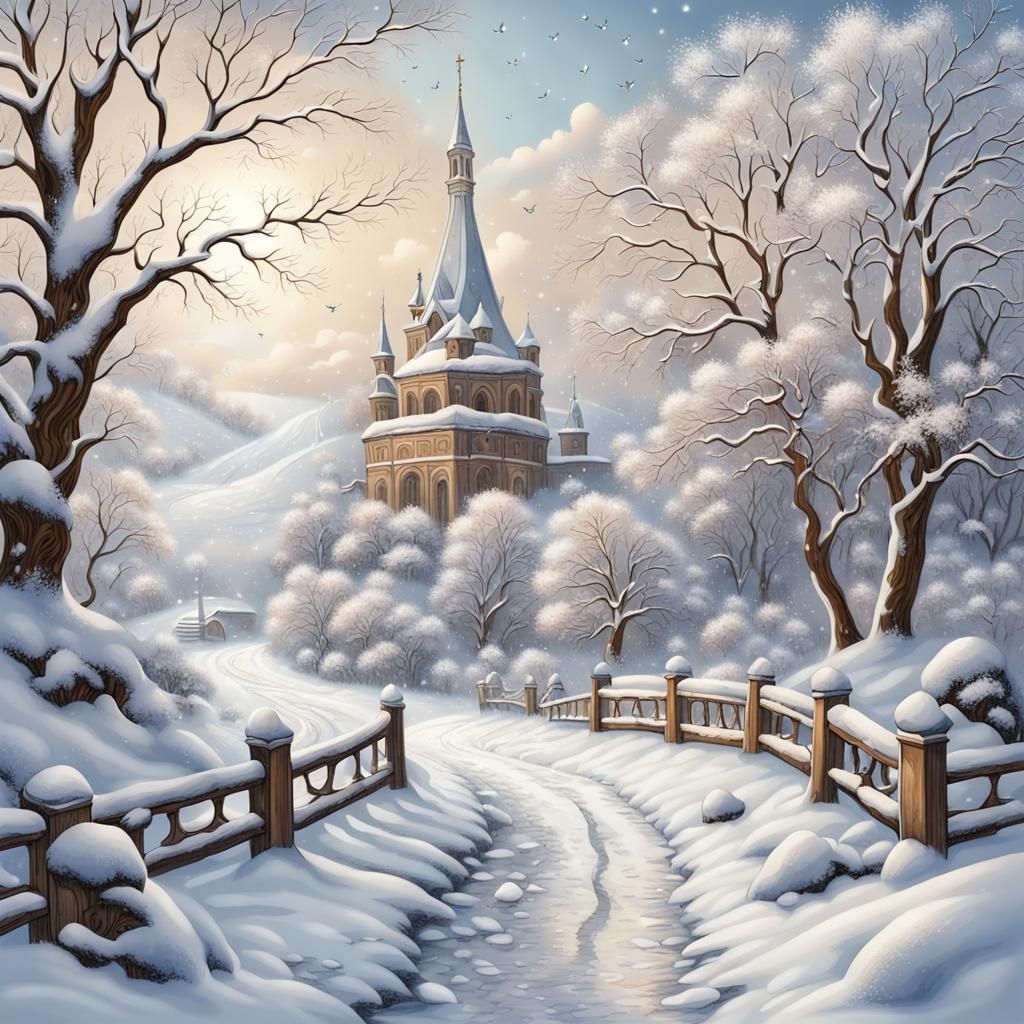 Peaceful Snowy Day Illustration in Romanticism Style