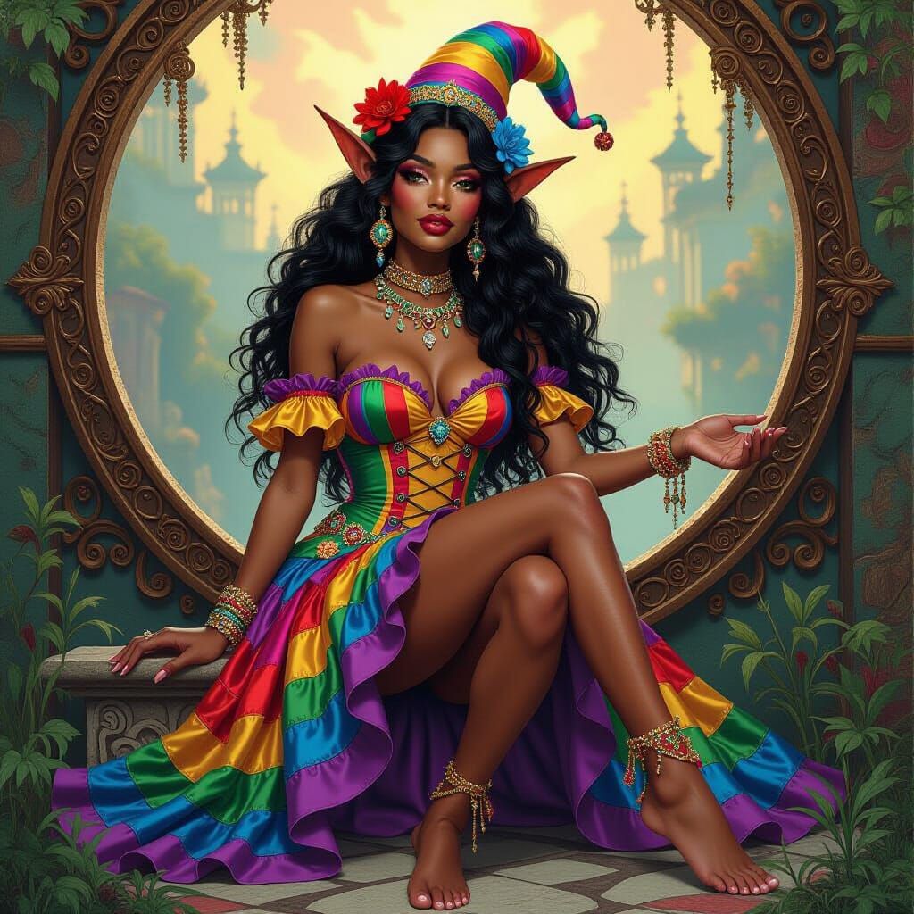 Elf in Mardi Gras Outfit: Fantasy Oil Painting