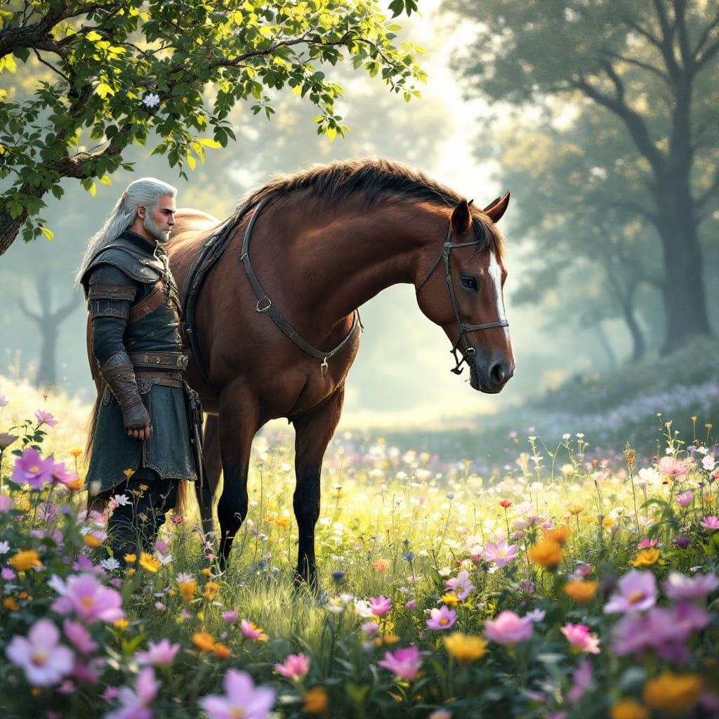 Geralt and Majestic Brown Mare in Whimsical Dreamy Landscape
