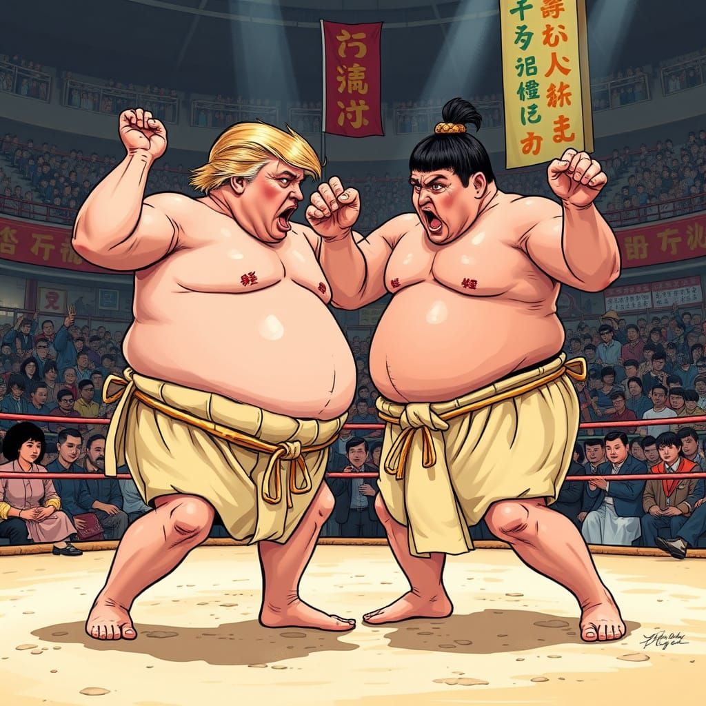 Trump and Zelenskyy Sumo Wrestling in Tokyo Arena