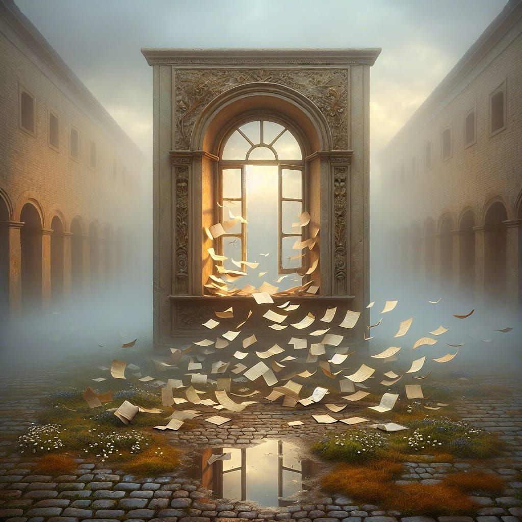 Surreal Window in Misty Square with Floating Pages