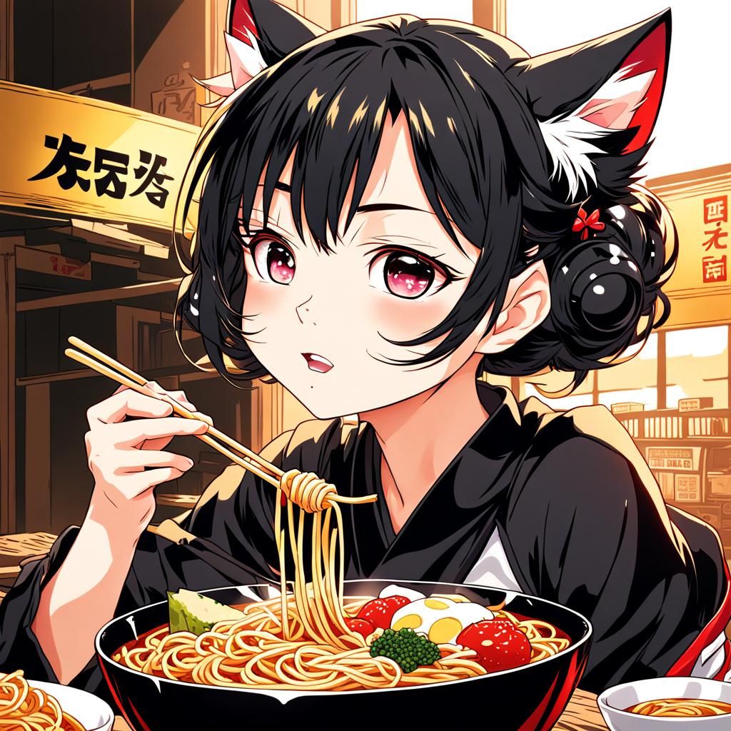 Anime Cat Girl Eating Ramen: Japanese Manga Style