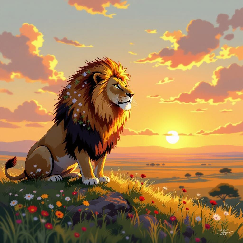 Lion with Wildflower Mane Overlooking African Savanna