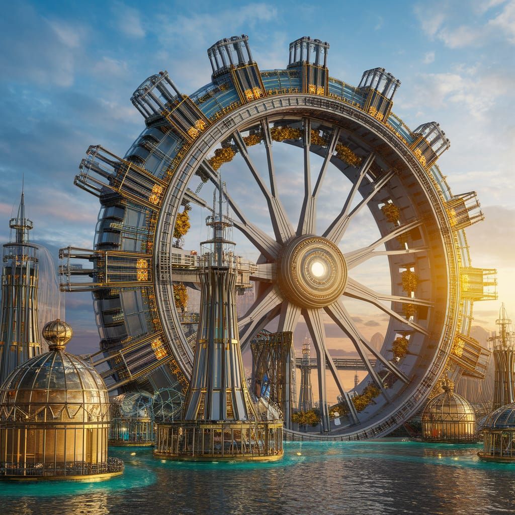 A colossal futuristic city built atop an enormous water wheel, turning slowly with the power of a river. Towering struct...