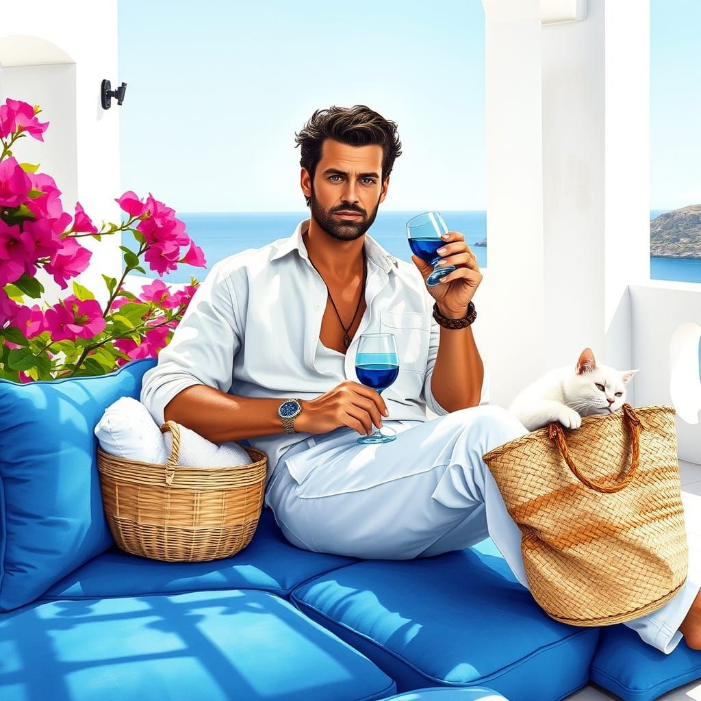 Mediterranean Man on Greek Terrace as Digital Watercolor