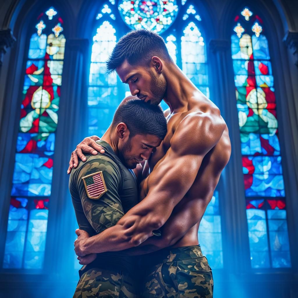 Emotional Reunion in Church with Stained Glass