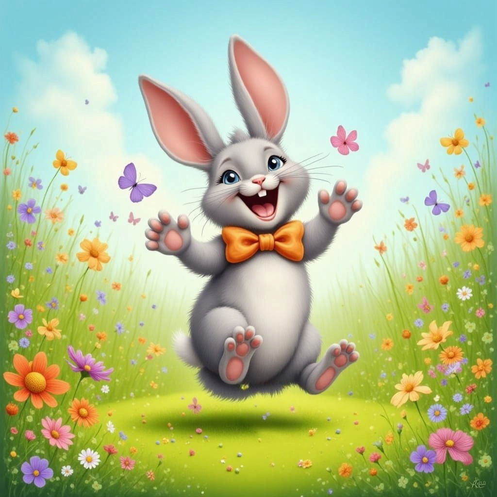 Laughing Bunny Rolling on Ground, Digital Art