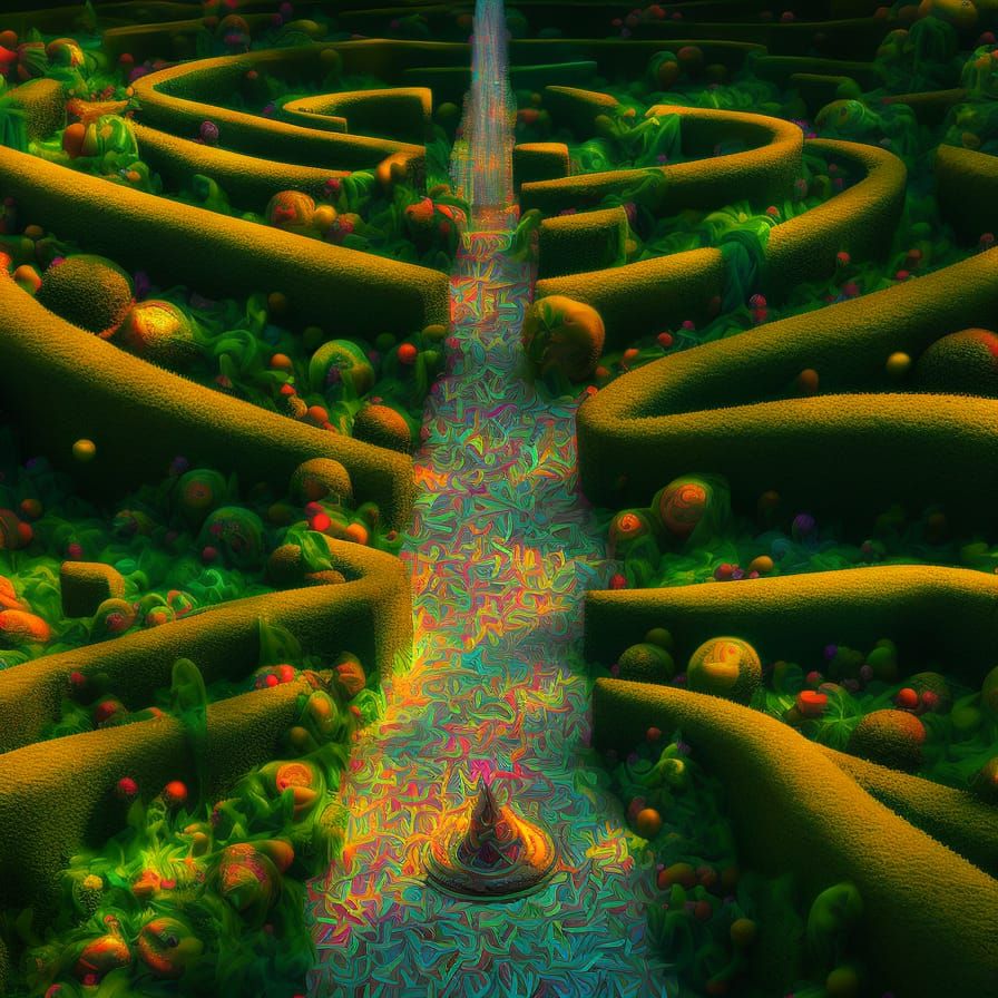 Flowering Hedge Maze with Surreal Candy Fountain