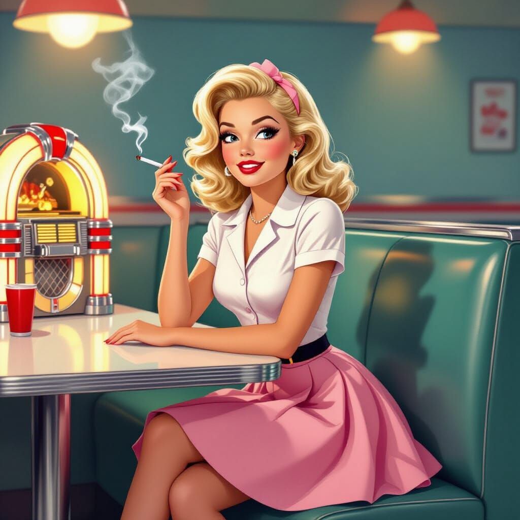 1950s Blonde Flirts in Diner, UPA Animation Style