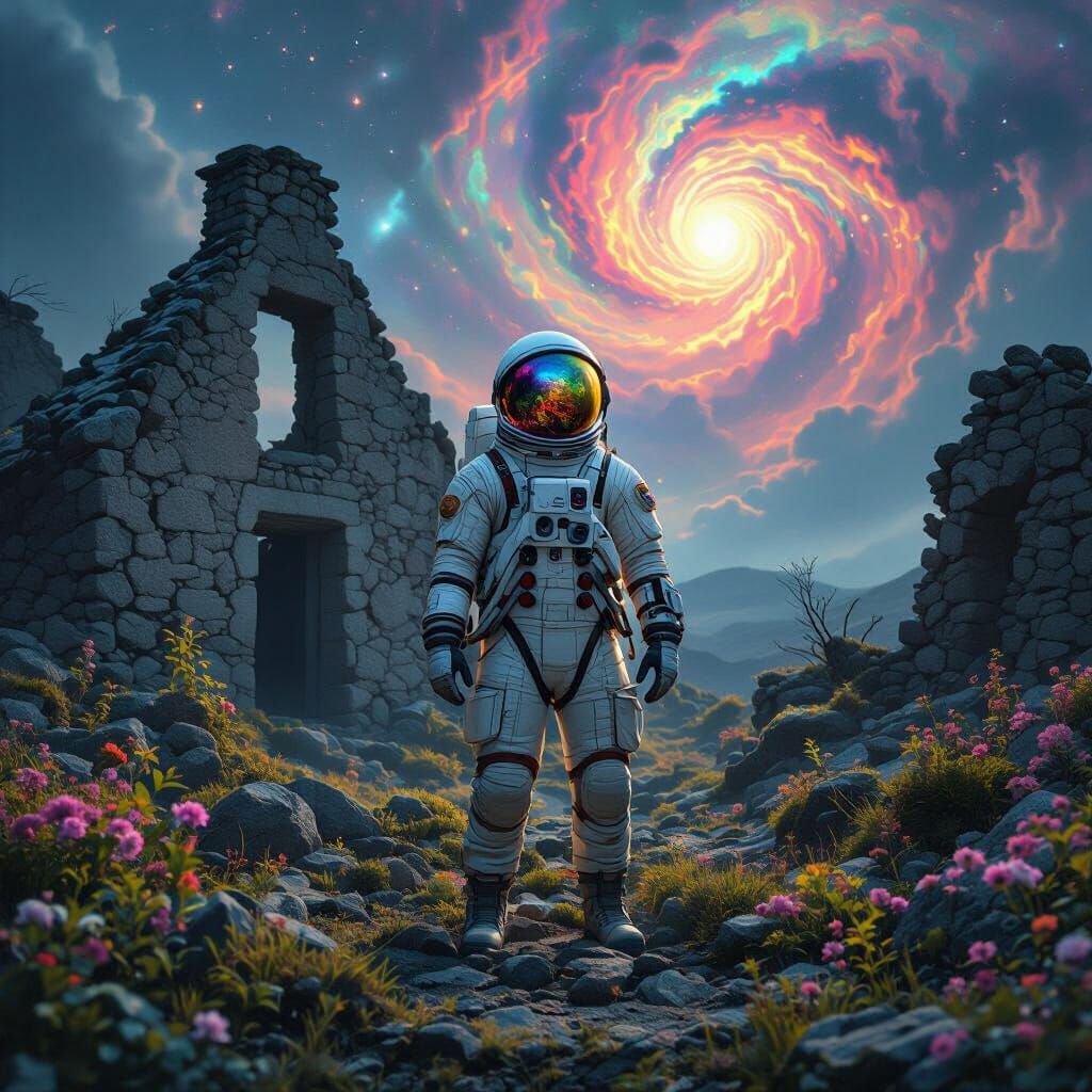 Astronaut Among Alien Ruins in Surreal Cosmic Landscape