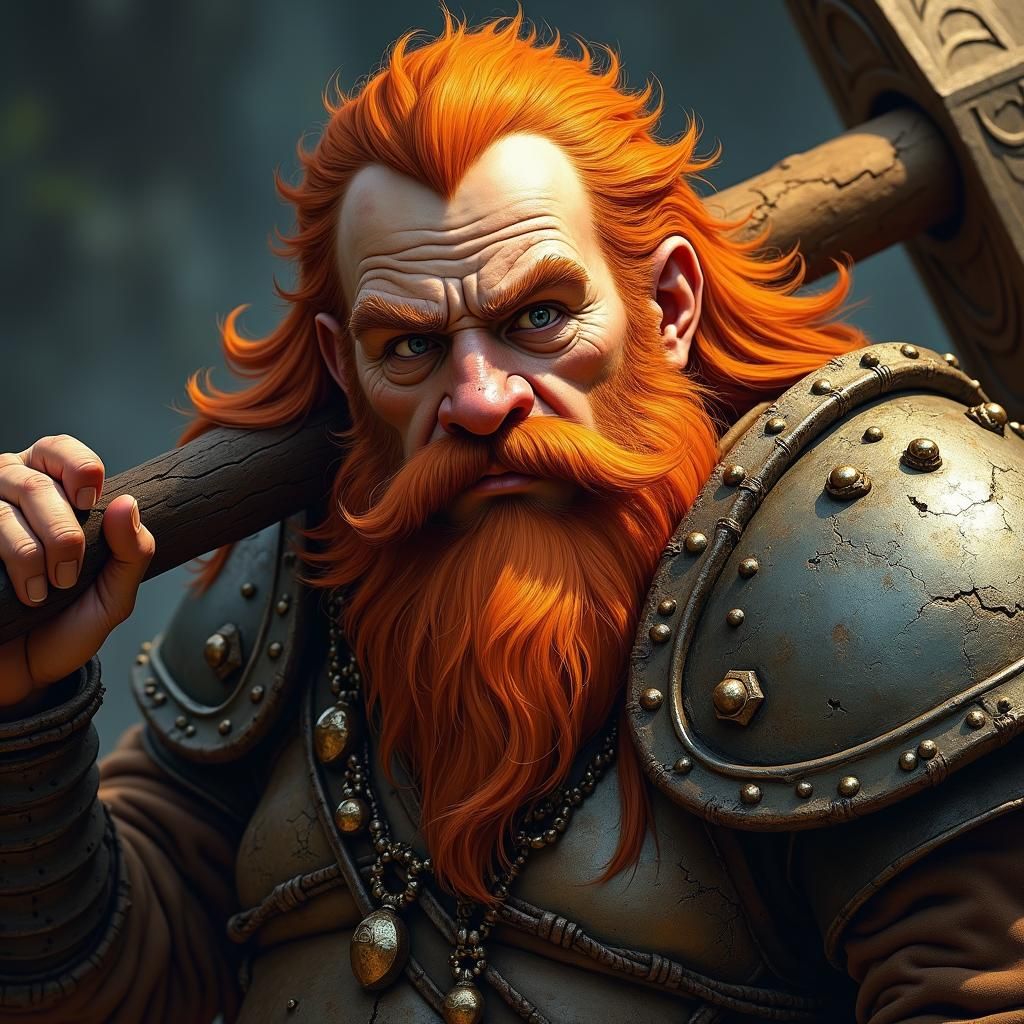Dwarven Warrior Resting with Warhammer in Splash Art Style