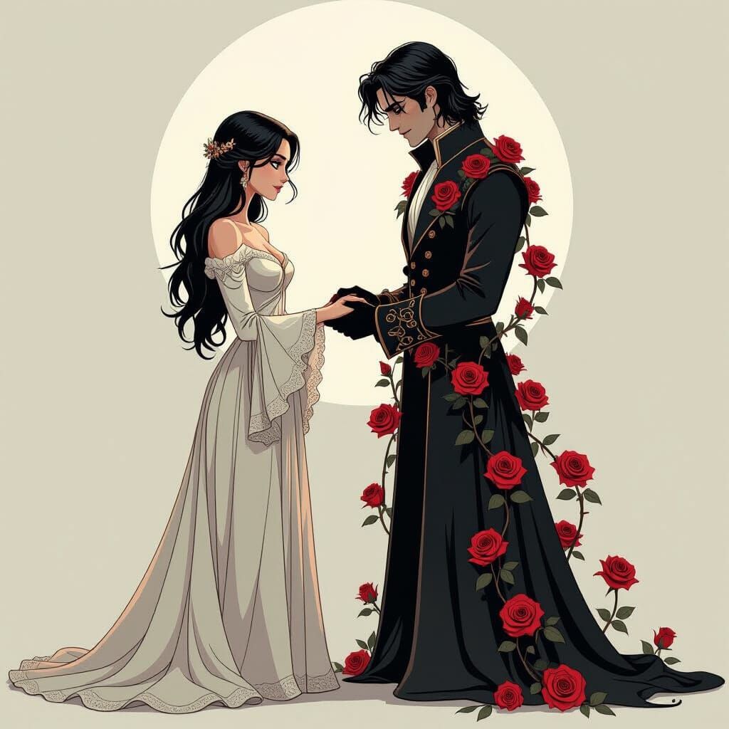 Cursed Prince with Roses Holding Woman's Hand