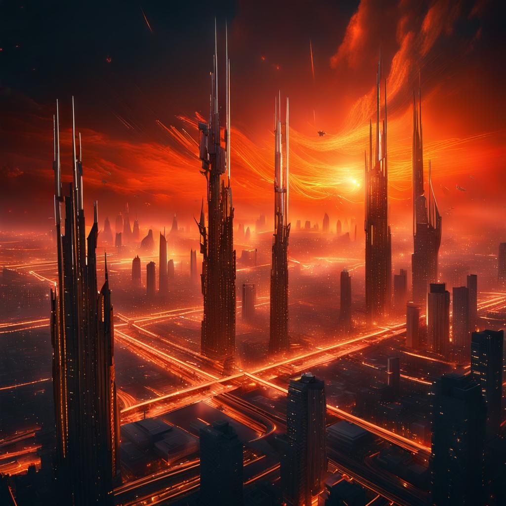 Futuristic City Planet with Glowing Starships