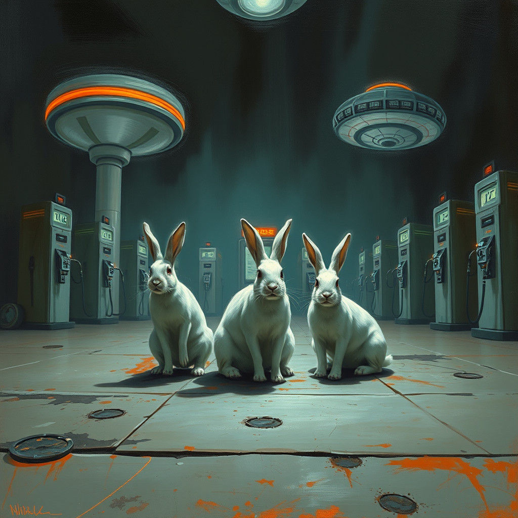 Rabbits at Alien Gas Station in Symbolist Style