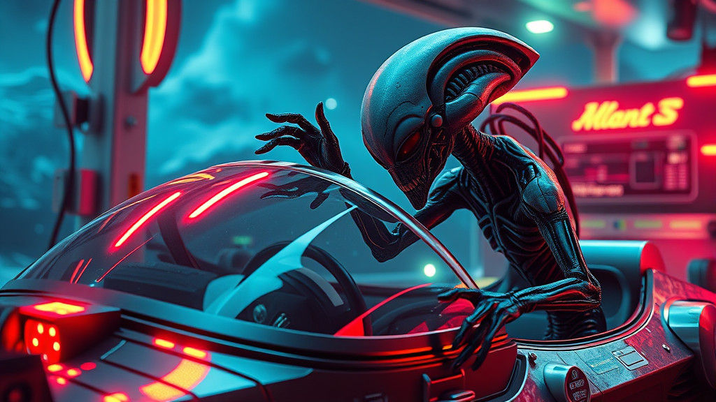 Alien Cleans Spaceship Windshield at Futuristic Gas Station