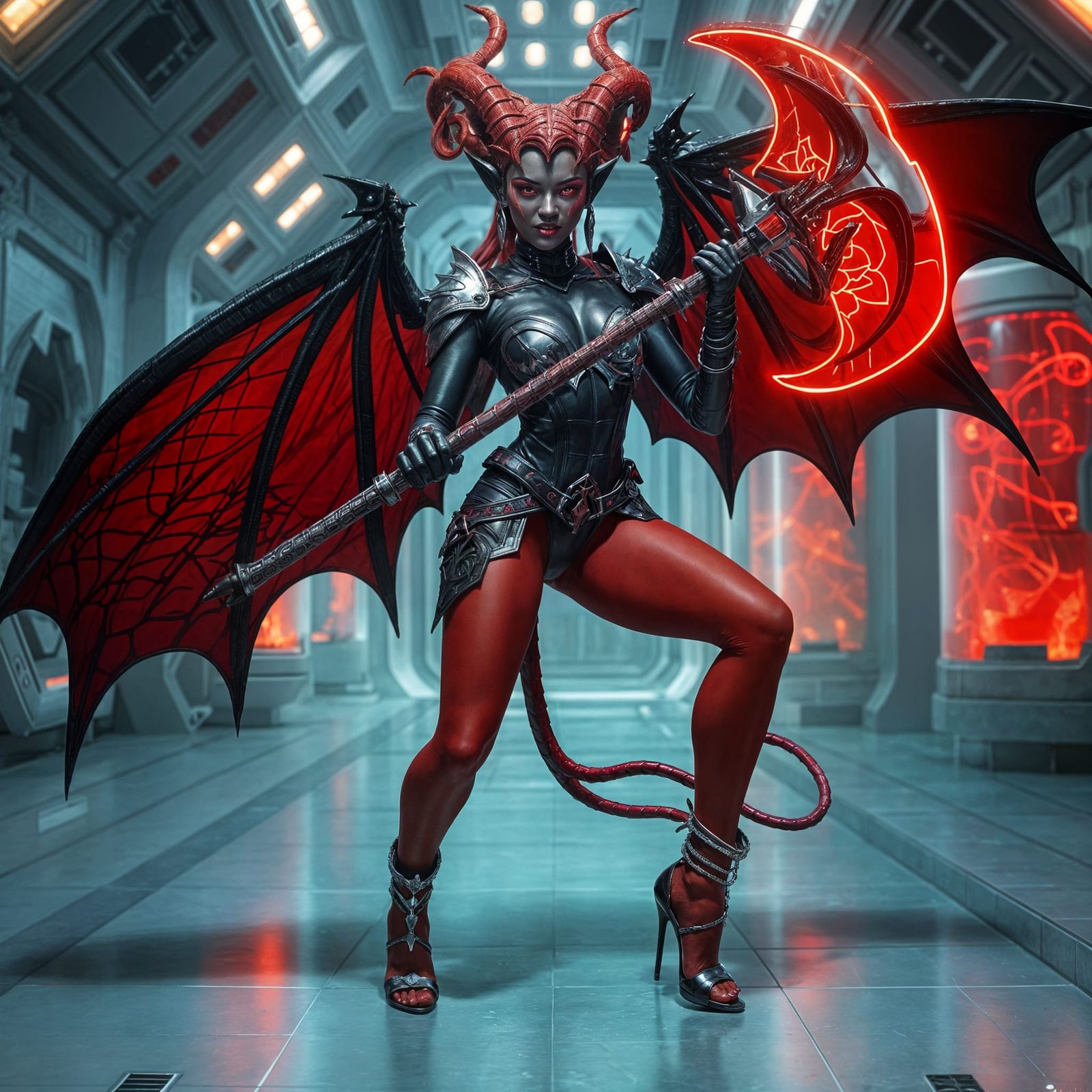 Demon General with Energy Axe in Futuristic Setting